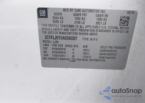 2010 GMC Terrain Slt-2 from USA, damaged, VIN 2CTFLJEY6A6396387